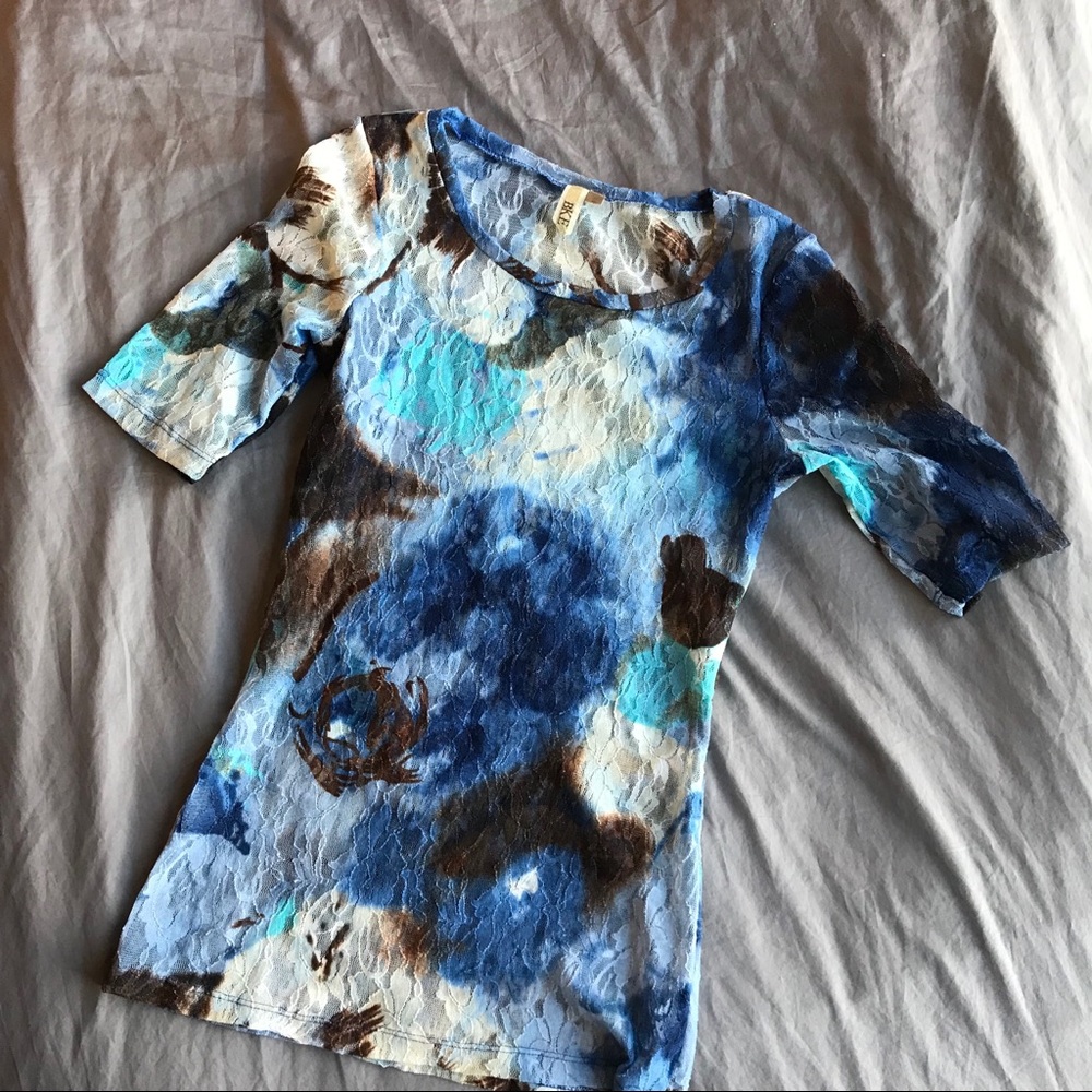 Blue, White and Brown Sheer Lace Top